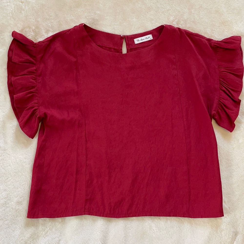 The Linen Duck Red Ruffle Sleeve Silk Blouse - M